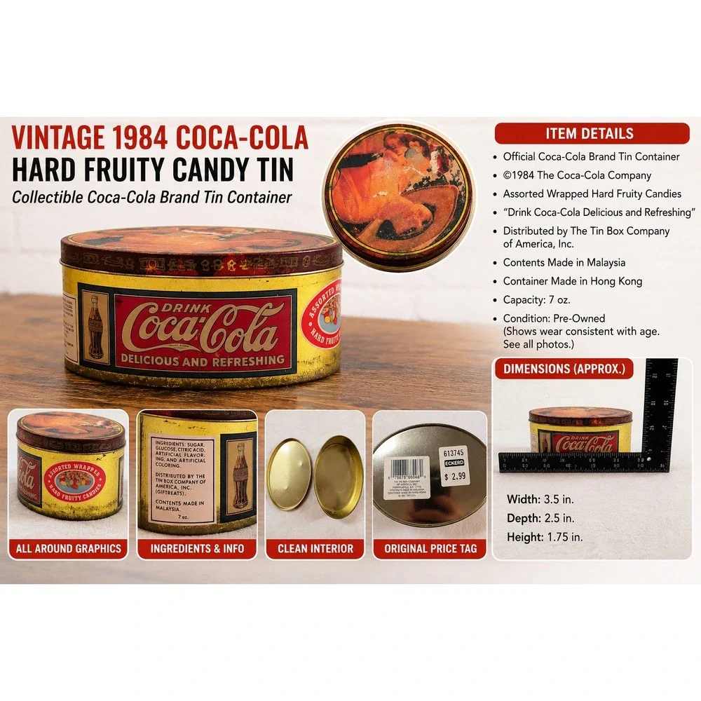 Vtg 1984 Coca-Cola Candy Tin Oval Gold Metal Tin Box Company 1980s Soda‎ Decor